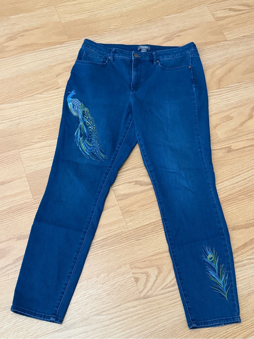 Martha Stewart Women Skinny Embroidered Peacock Print Jeans Blue